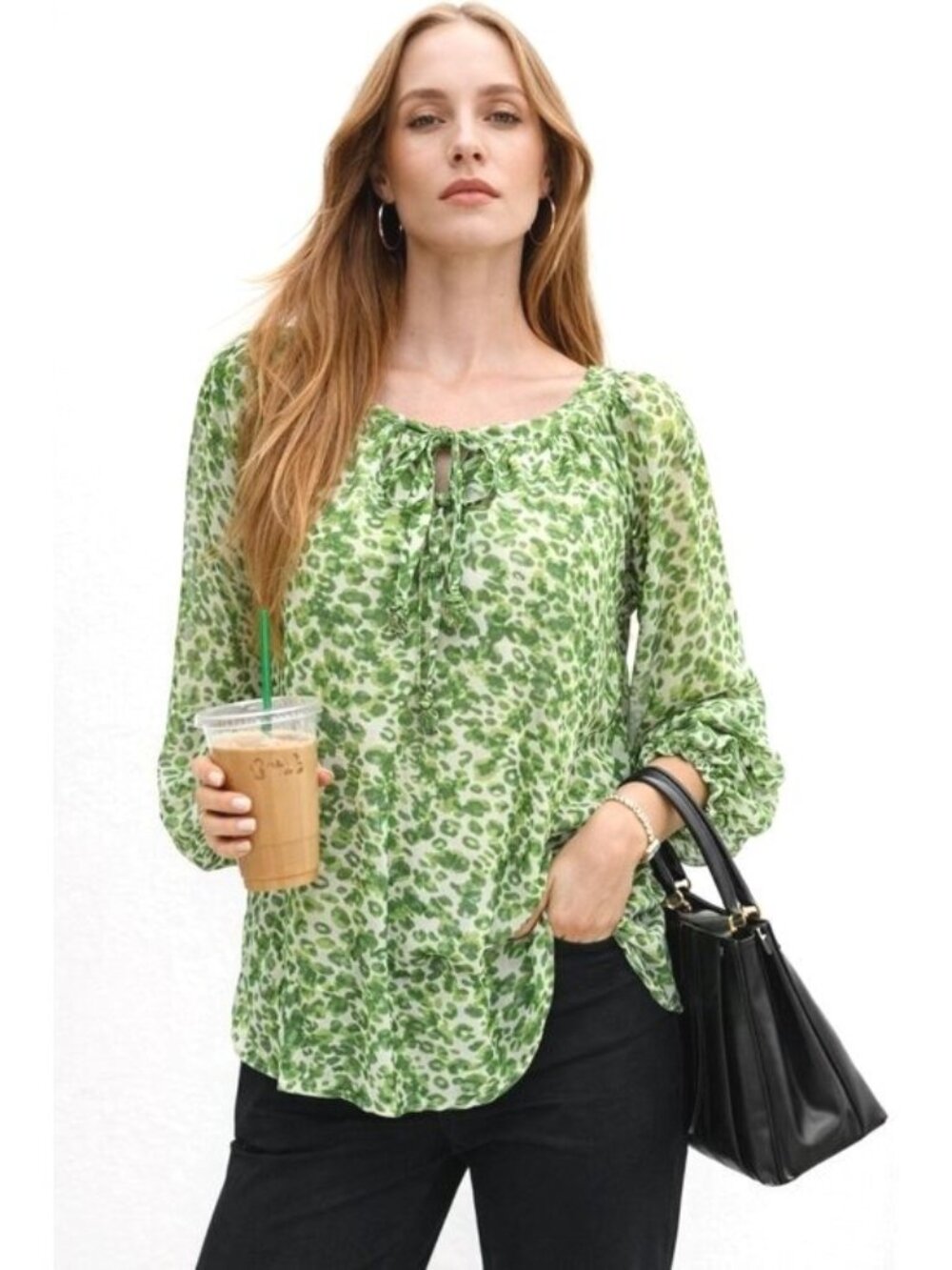 Apt 9 XL Green White Animal Print Sheer Tunic Blouse Resortcore Boho Flowy Style
